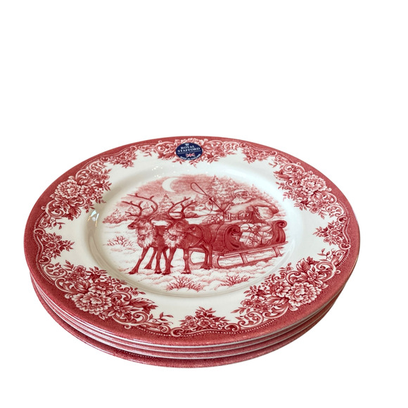 Royal Stafford Christmas SANTA'S SLEIGH RED Porcelain 8" Salad Plate Set of 4 - Picture 5 of 11